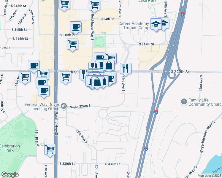 map of restaurants, bars, coffee shops, grocery stores, and more near 2201 South Commons in Federal Way