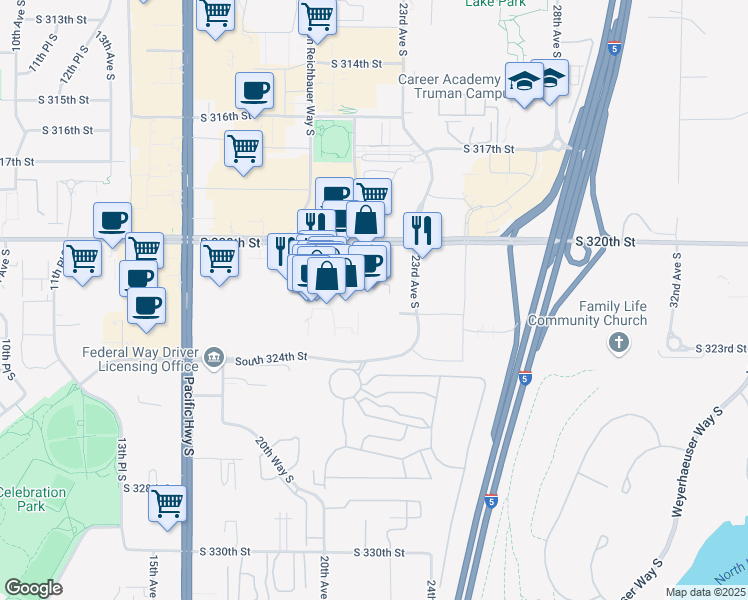 map of restaurants, bars, coffee shops, grocery stores, and more near 2201 South Commons in Federal Way