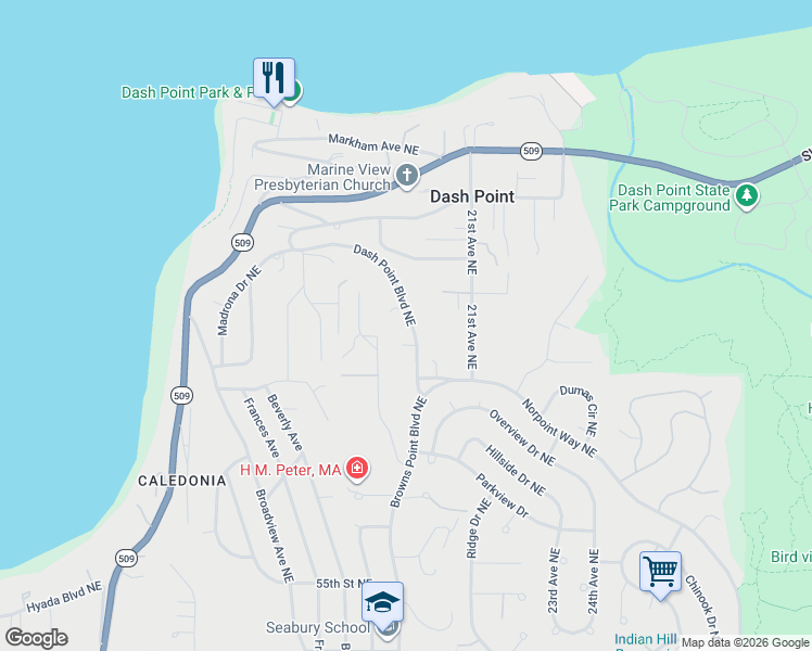 map of restaurants, bars, coffee shops, grocery stores, and more near 6208 Browns Point Boulevard Northeast in Tacoma