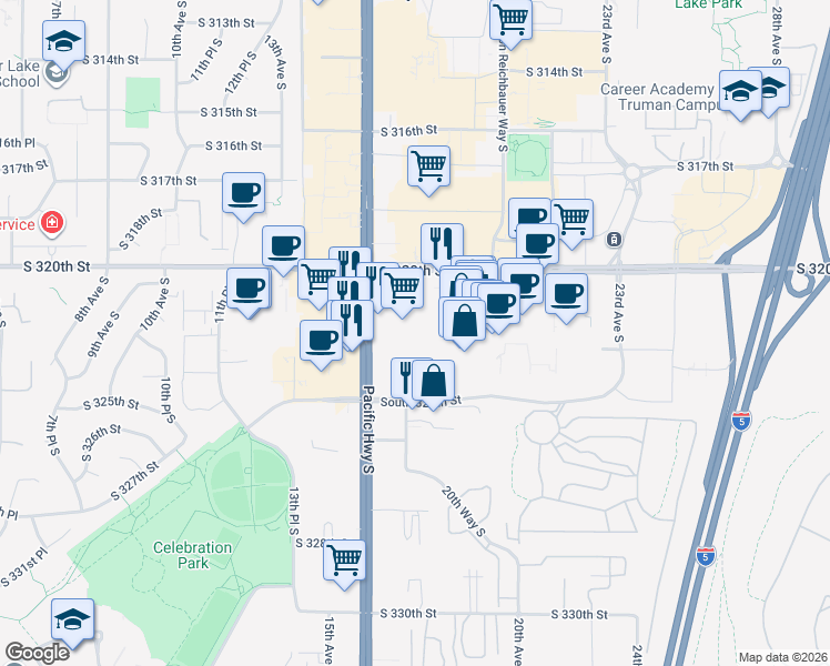 map of restaurants, bars, coffee shops, grocery stores, and more near 1825 S 320th St in Federal Way