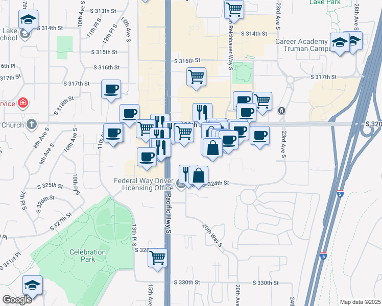 map of restaurants, bars, coffee shops, grocery stores, and more near 1701 South 320th Street in Federal Way