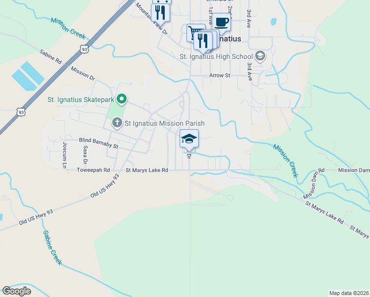 map of restaurants, bars, coffee shops, grocery stores, and more near 419 Saint Marys Lake Road in Saint Ignatius