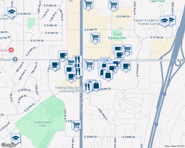 map of restaurants, bars, coffee shops, grocery stores, and more near 1701 South Commons in Federal Way