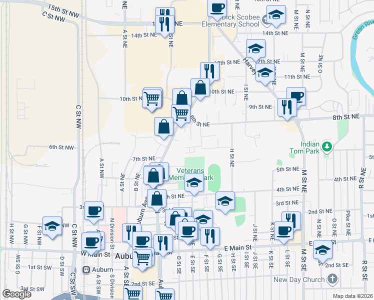 map of restaurants, bars, coffee shops, grocery stores, and more near 709 F Place Northeast in Auburn