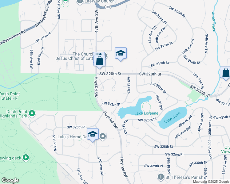 map of restaurants, bars, coffee shops, grocery stores, and more near 32214 44th Place Southwest in Federal Way