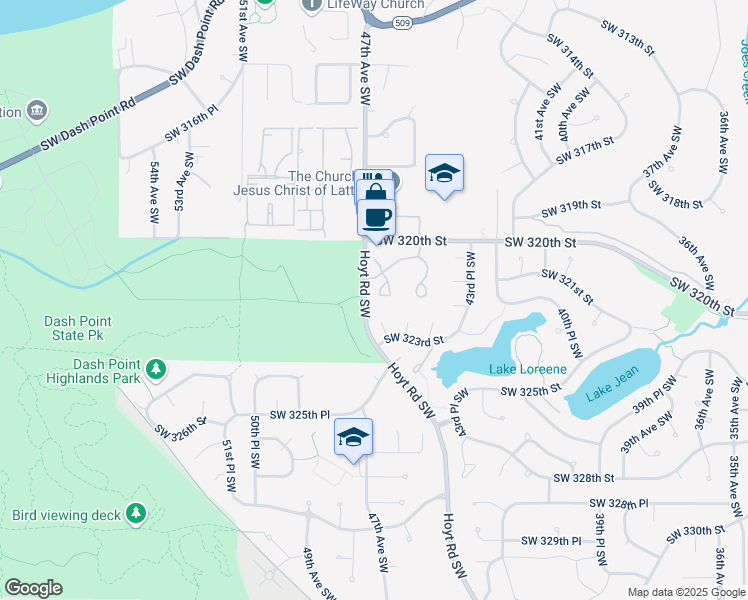 map of restaurants, bars, coffee shops, grocery stores, and more near 32212 47th Avenue Southwest in Federal Way