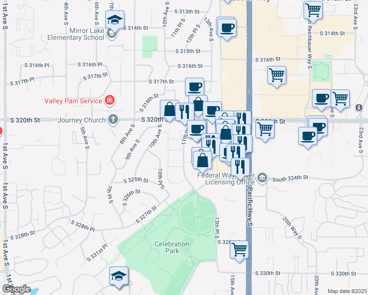 map of restaurants, bars, coffee shops, grocery stores, and more near 32205 11th Place South in Federal Way