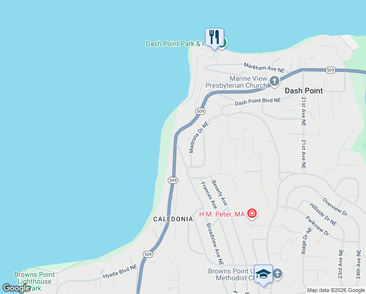 map of restaurants, bars, coffee shops, grocery stores, and more near 6120 Madrona Drive Northeast in Tacoma