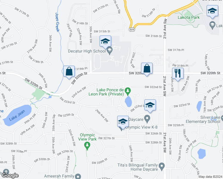 map of restaurants, bars, coffee shops, grocery stores, and more near 2714 Southwest 322nd Street in Federal Way
