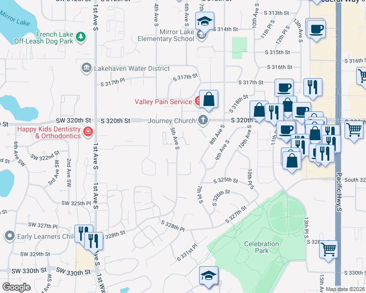 map of restaurants, bars, coffee shops, grocery stores, and more near 532 South 323rd Place in Federal Way