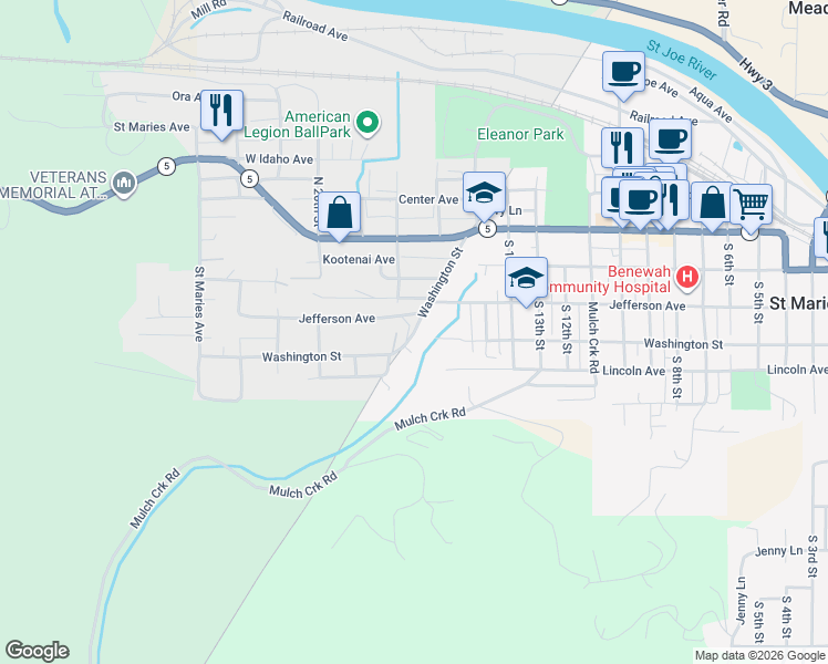 map of restaurants, bars, coffee shops, grocery stores, and more near 1640 Washington Avenue in Saint Maries