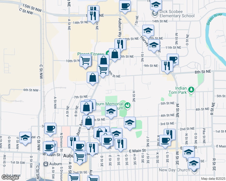 map of restaurants, bars, coffee shops, grocery stores, and more near 709 F Place Northeast in Auburn