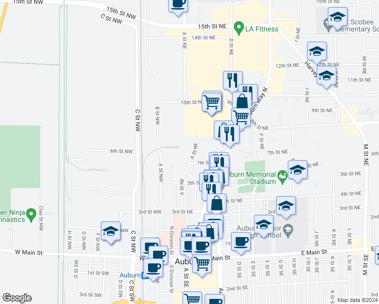 map of restaurants, bars, coffee shops, grocery stores, and more near 517 A Street Northwest in Auburn