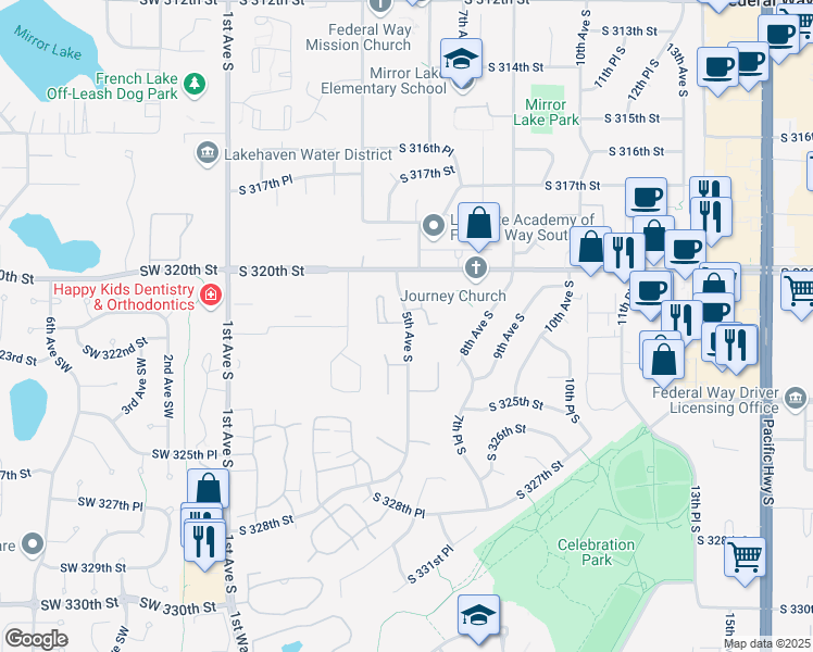 map of restaurants, bars, coffee shops, grocery stores, and more near 429 South 321st Place in Federal Way