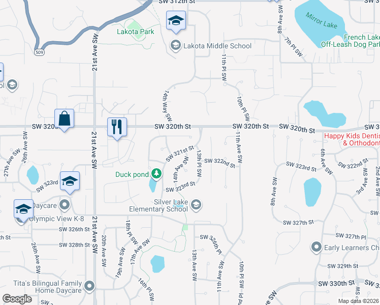 map of restaurants, bars, coffee shops, grocery stores, and more near 32203 14th Avenue Southwest in Federal Way