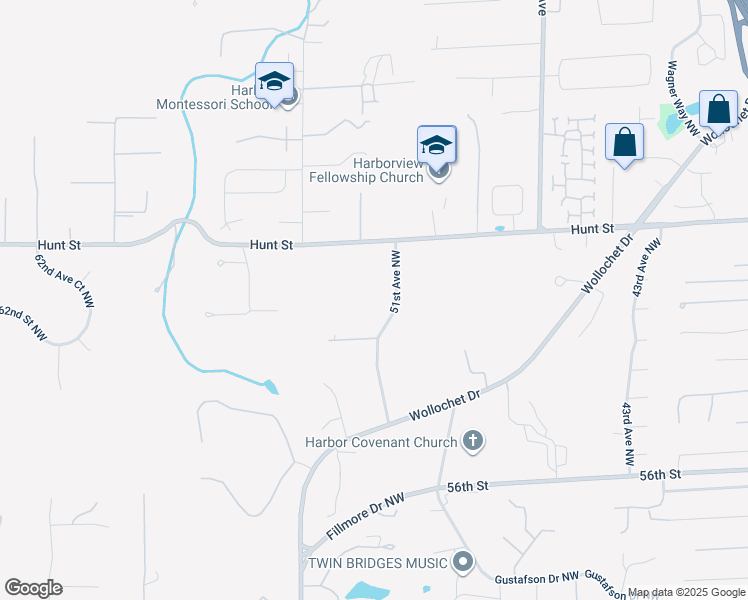 map of restaurants, bars, coffee shops, grocery stores, and more near 6220 51st Avenue Northwest in Gig Harbor