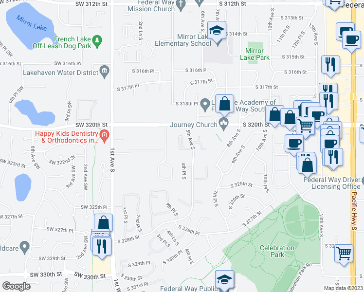map of restaurants, bars, coffee shops, grocery stores, and more near 500 South 321st Street in Federal Way