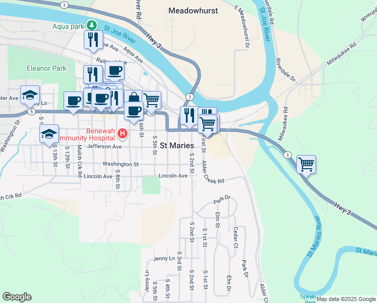 map of restaurants, bars, coffee shops, grocery stores, and more near in Saint Maries