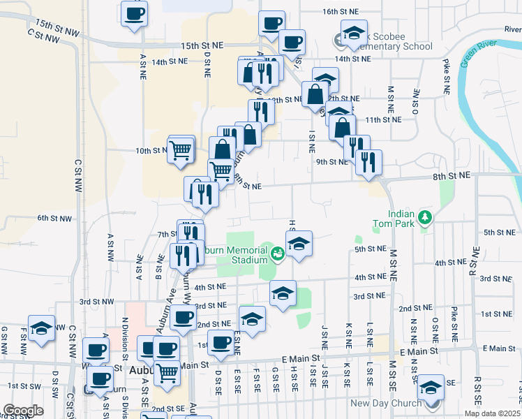 map of restaurants, bars, coffee shops, grocery stores, and more near 636 8th Street Northeast in Auburn