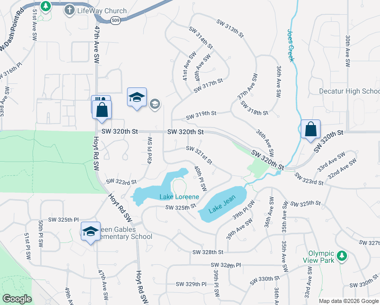 map of restaurants, bars, coffee shops, grocery stores, and more near 4058 Southwest 321st Street in Federal Way
