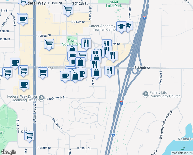 map of restaurants, bars, coffee shops, grocery stores, and more near in Federal Way