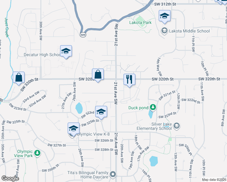 map of restaurants, bars, coffee shops, grocery stores, and more near 2102 Southwest 322nd Street in Federal Way