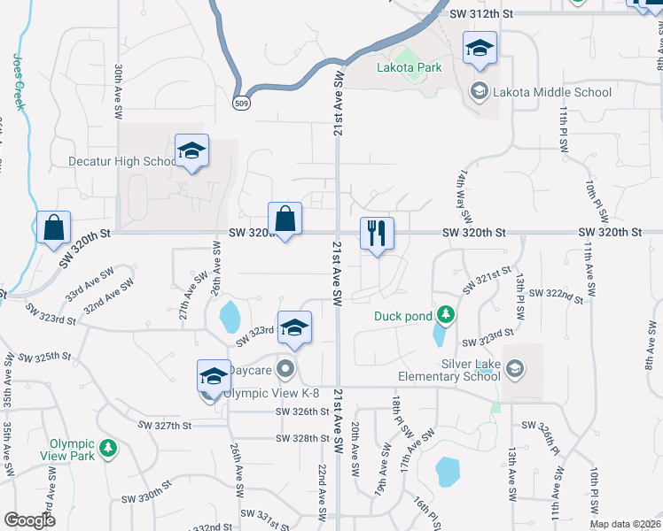 map of restaurants, bars, coffee shops, grocery stores, and more near 2102 Southwest 322nd Street in Federal Way