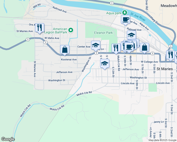 map of restaurants, bars, coffee shops, grocery stores, and more near 256 South Coeur D Alene Avenue in Saint Maries