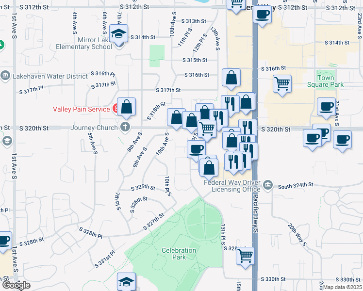 map of restaurants, bars, coffee shops, grocery stores, and more near 32110 10th Avenue South in Federal Way