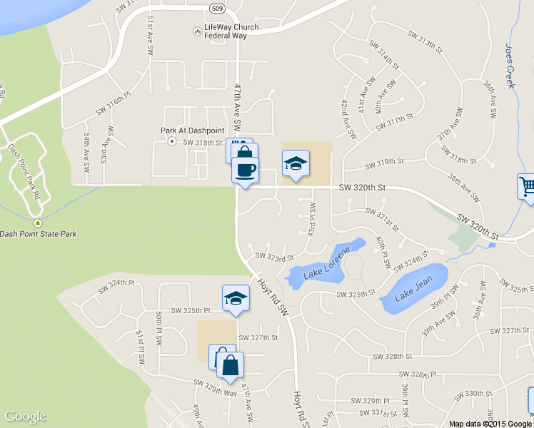 map of restaurants, bars, coffee shops, grocery stores, and more near 4519 Southwest 321st Street in Federal Way