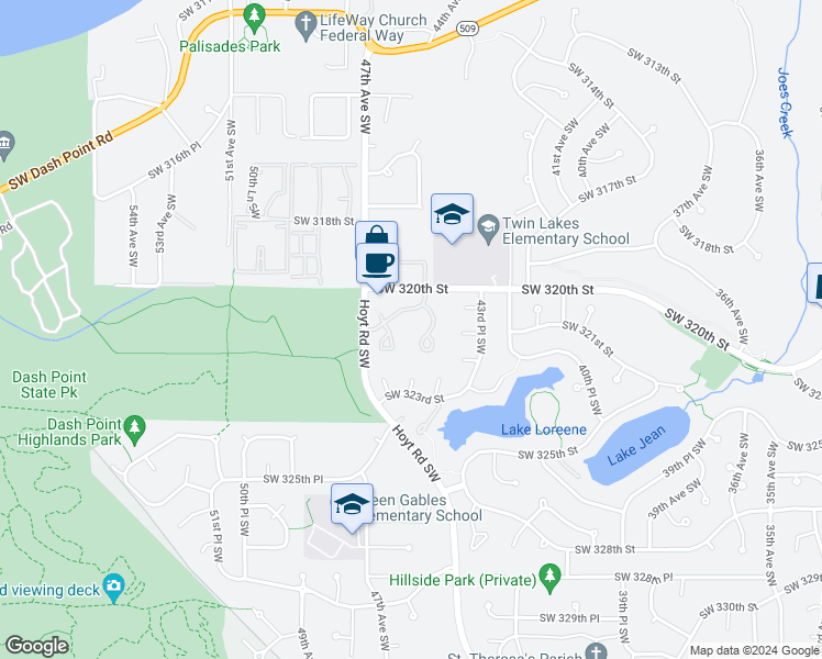 map of restaurants, bars, coffee shops, grocery stores, and more near 4519 Southwest 321st Street in Federal Way