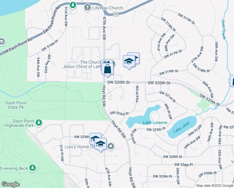 map of restaurants, bars, coffee shops, grocery stores, and more near 4601 Southwest 320th Street in Federal Way