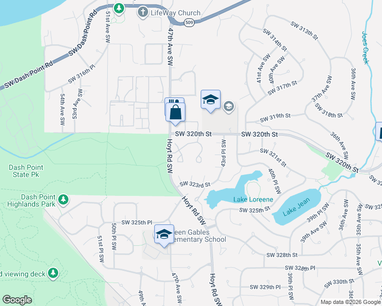 map of restaurants, bars, coffee shops, grocery stores, and more near 4519 Southwest 321st Street in Federal Way