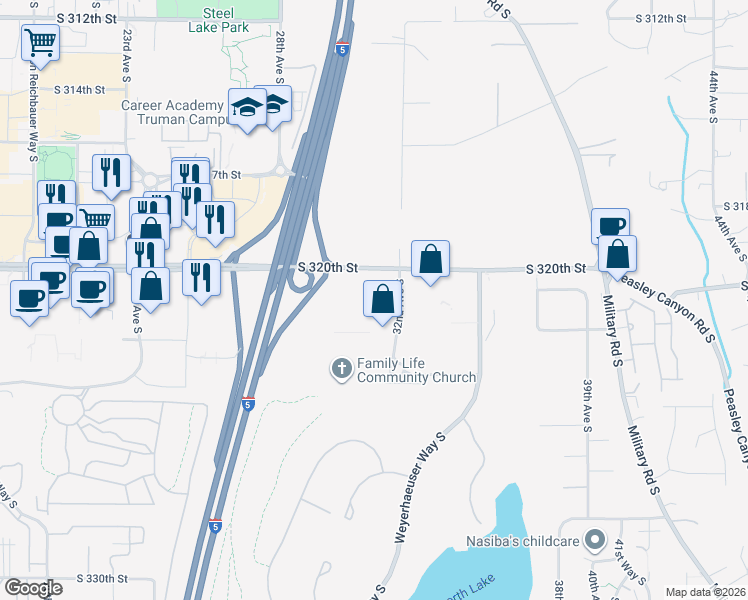 map of restaurants, bars, coffee shops, grocery stores, and more near 32001 32nd Avenue South in Federal Way