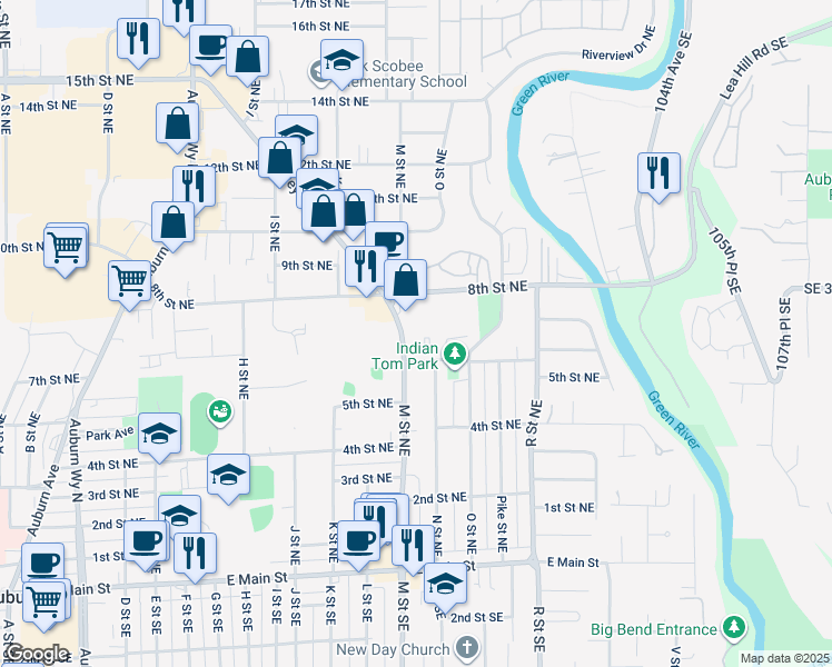 map of restaurants, bars, coffee shops, grocery stores, and more near 638 M Street Northeast in Auburn