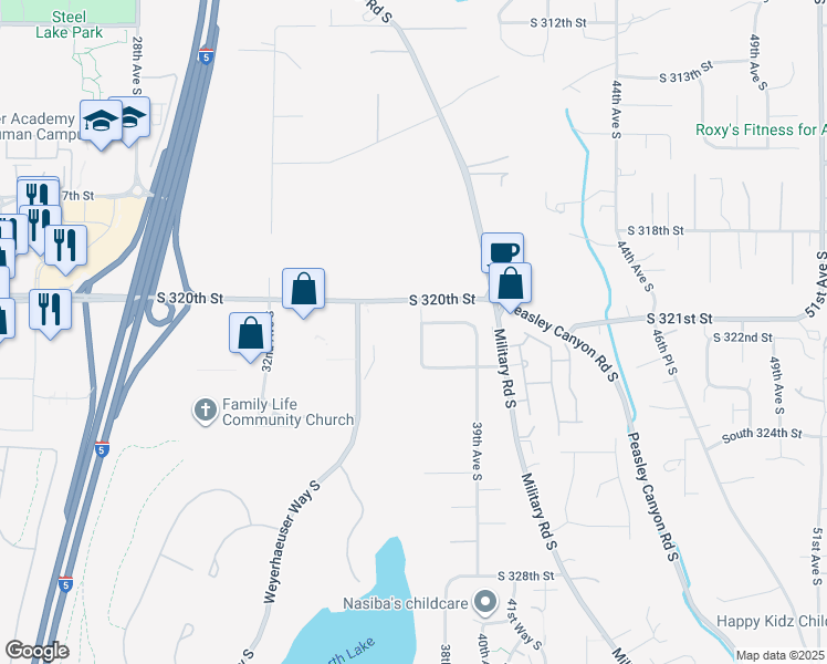 map of restaurants, bars, coffee shops, grocery stores, and more near 32032 Weyerhaeuser Way South in Federal Way