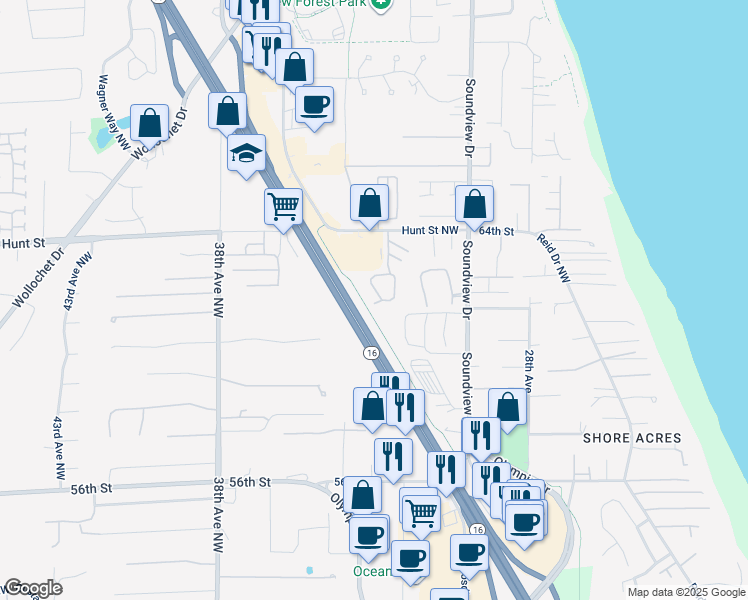 map of restaurants, bars, coffee shops, grocery stores, and more near 6220 Harbor Sunset Lane in Gig Harbor