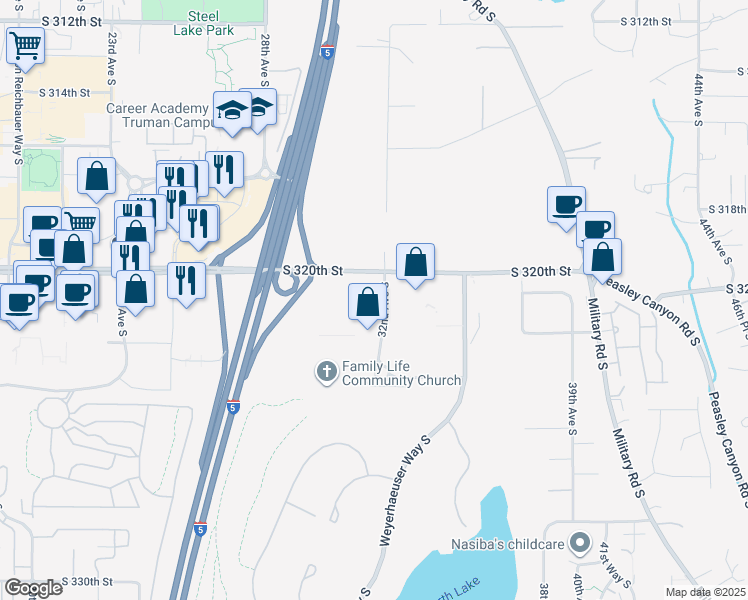 map of restaurants, bars, coffee shops, grocery stores, and more near 32001 32nd Avenue South in Federal Way