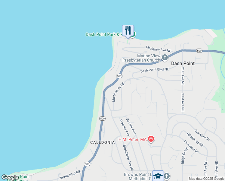 map of restaurants, bars, coffee shops, grocery stores, and more near 6306 Madrona Drive Northeast in Tacoma