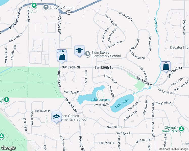 map of restaurants, bars, coffee shops, grocery stores, and more near 32063 41st Place Southwest in Federal Way