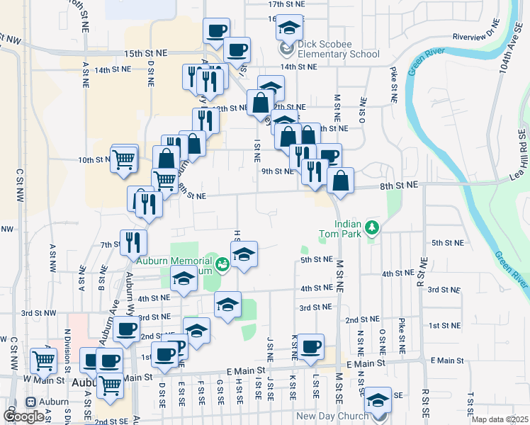 map of restaurants, bars, coffee shops, grocery stores, and more near 621 I Street Northeast in Auburn