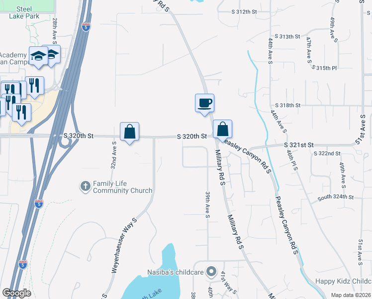 map of restaurants, bars, coffee shops, grocery stores, and more near 3746 South 321st Street in Federal Way