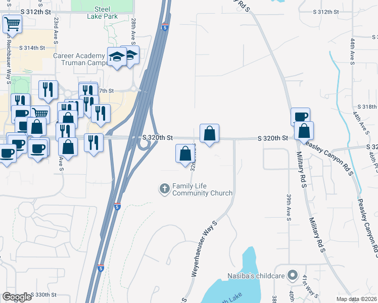 map of restaurants, bars, coffee shops, grocery stores, and more near 32001 32nd Avenue South in Federal Way
