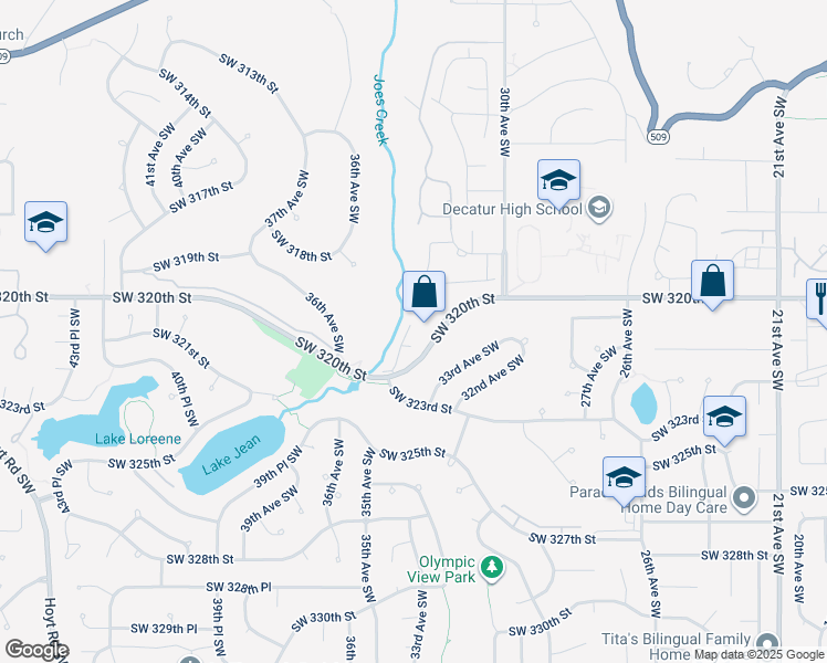 map of restaurants, bars, coffee shops, grocery stores, and more near 3400 Southwest 320th Street in Federal Way