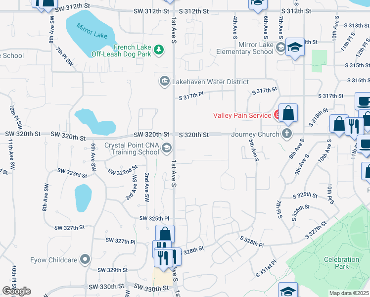 map of restaurants, bars, coffee shops, grocery stores, and more near 32020 1st Avenue South in Federal Way