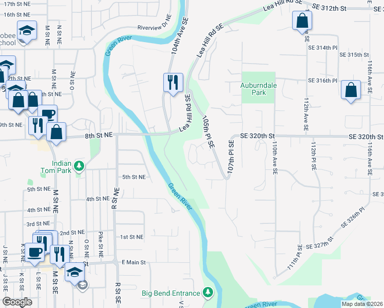 map of restaurants, bars, coffee shops, grocery stores, and more near 32115 105th Place Southeast in Auburn