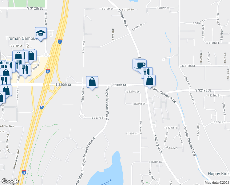 map of restaurants, bars, coffee shops, grocery stores, and more near 32032 Weyerhaeuser Way S in Federal Way
