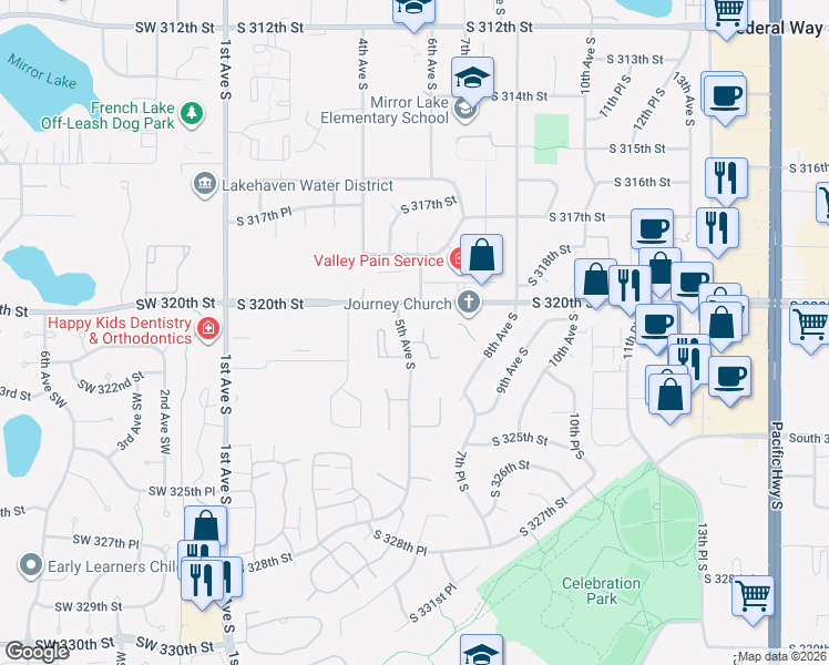 map of restaurants, bars, coffee shops, grocery stores, and more near 500 South 321st Street in Federal Way
