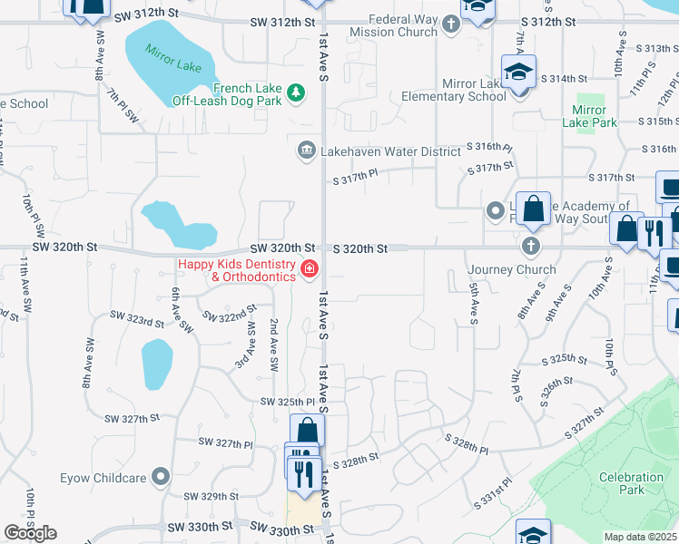 map of restaurants, bars, coffee shops, grocery stores, and more near 32020 1st Avenue South in Federal Way