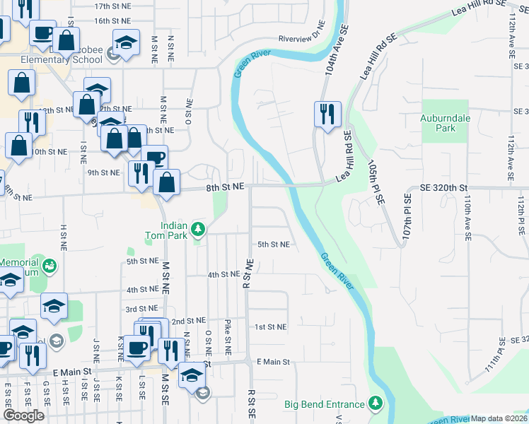 map of restaurants, bars, coffee shops, grocery stores, and more near 1606 7th Street Northeast in Auburn